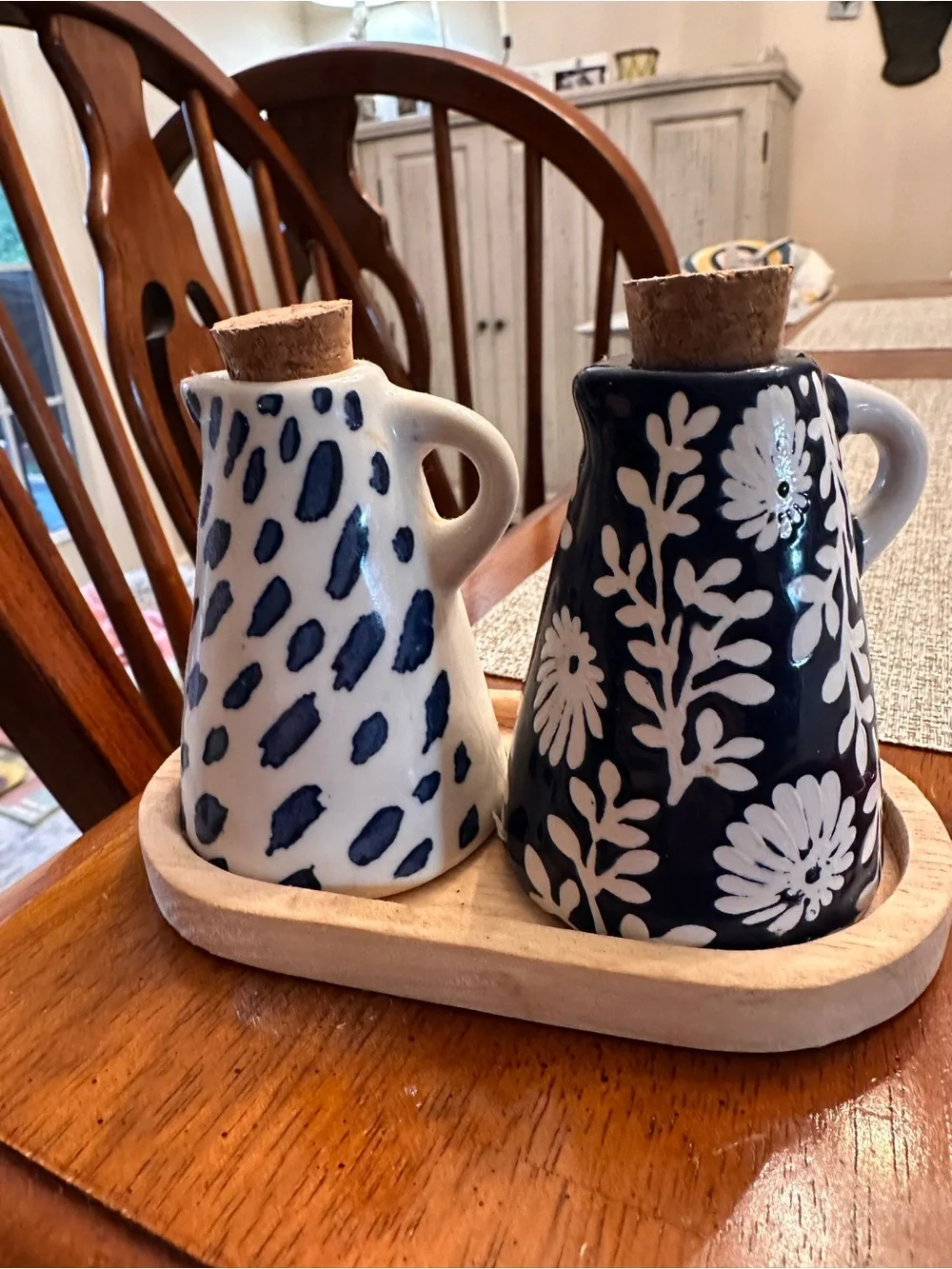 Mud Pie Blue and White Ceramic Salt and Pepper Shakers on Wood Tray